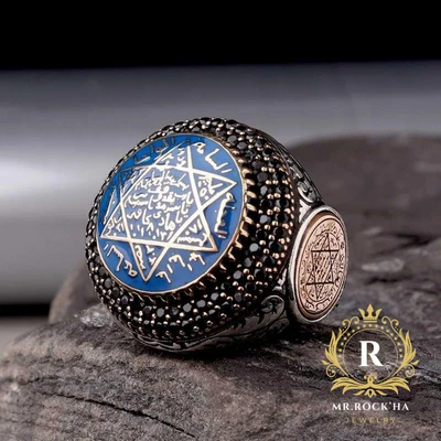 Seal of Solomon,Blue Enamel,Black Zircon,Oval Domed Case,925 K Silver Men's Ring - Image 1 of 4
