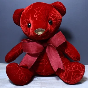 Red Rose Print Pattern Bear with Bow Plush Valentine's Day Anniversary Gift 10" - Picture 1 of 6