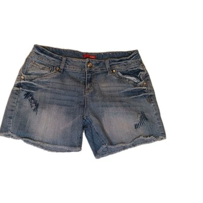 Y2K Bongo 牛仔短裤 9 码蓝色镂空原始下摆低腰水钻夏季  — 第 1/4 张图片