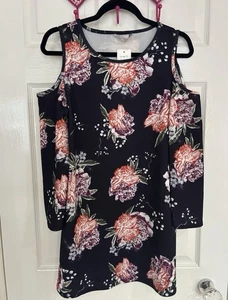 George - Navy Pink And Orange Floral A-Line Dress With Cold Shoulder Sleeves 10 - Picture 1 of 4
