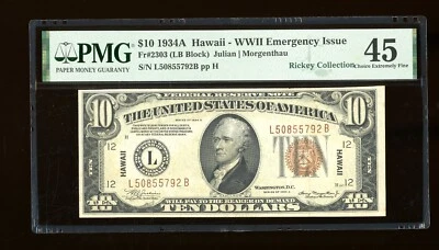 DBR 1934-A $10 FRN Hawaii LB Block Fr. 2303 PMG 45 Serial L50855792B - Image 1 of 2