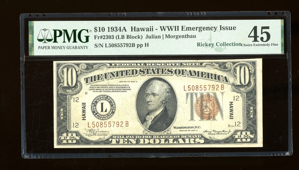DBR 1934-A $10 FRN Hawaii LB Block Fr. 2303 PMG 45 Serial L50855792B - Image 1 of 2