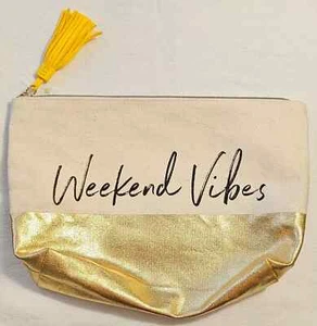 Bath & Body Works Weekend Vibes Canvas Cosmetic Makeup Travel Bag Gold Foil - Picture 1 of 2