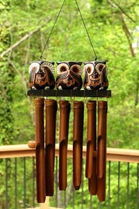 Handmade Wooden See Hear Speak No Evil Owl Bamboo Wind Chime Wood Hoot Outdoor - Picture 1 of 4