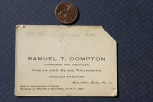 Tarjeta de visita para violín trombón teatro Apolo de Atlantic City de la era 1900 de Atlantic City - - Imagen 1 de 1