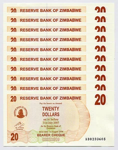 Zimbabwe 20 Dollars Bearer Cheque x 10psc AD 2006 P40 consecutive UNC currency - Picture 1 of 2