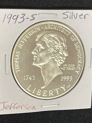 1993 S SILVER Monticello Thomas Jefferson PROOF Commemorative 90% Silver UNC - Image 1 of 4