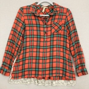 Matilda Jane Orange Blue Plaid Soft Flannel Lace Detail Popover Top Medium - Picture 1 of 11