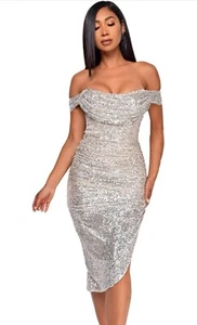 White Off Shoulder Solid Color Pleated Dress w/ Sexy Sequins, Size 4 *BRAND NEW* - Picture 1 of 4