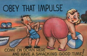 Obey That Impulse, Funny Comical Linen, Man Woman - Standard Vintage Postcard - Picture 1 of 2
