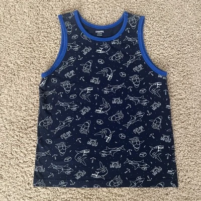 Gymboree Boys Navy Blue with White Beach Shark Graphic Tank Top  Size M (7-8) - Image 1 of 4