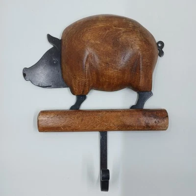Pier 1 Pig Wall Hook Rustic Wood Metal Farmhouse Kitchen Towel Coat Hanger Bath - Image 1 of 4