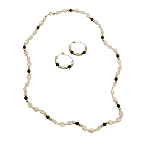 14 Karat Gelbgold Halskette Reisperlen, Onyx und Goldperlen + passende Ohrringe - Bild 1 von 11