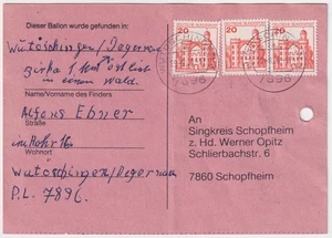 BRD Mi.Nr. 995 Mehrfachfrankatur Ballonpost-Karte Wutöschingen Schopfheim 1968 - Picture 1 of 2