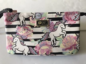 BETSEY JOHNSON WHITE/BLACK/PASTEL UNICORN FLORAL DOUBLE POUCH WRISTLET NWT - Picture 1 of 7
