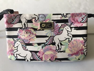 BETSEY JOHNSON WHITE/BLACK/PASTEL UNICORN FLORAL DOUBLE POUCH WRISTLET NWT - Image 1 of 4