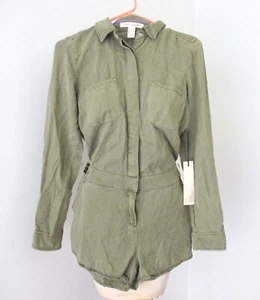NWT F21 Army Green Short Shorts 1-Pc Romper Jumpsuit Pockets Roll Tab Sleeves S - Picture 1 of 7