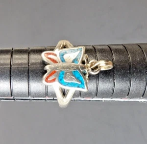 Vintage Sterling Silver Navajo Butterfly Ring Inlaid Turquoise Coral – Size 7.25 - Picture 1 of 7