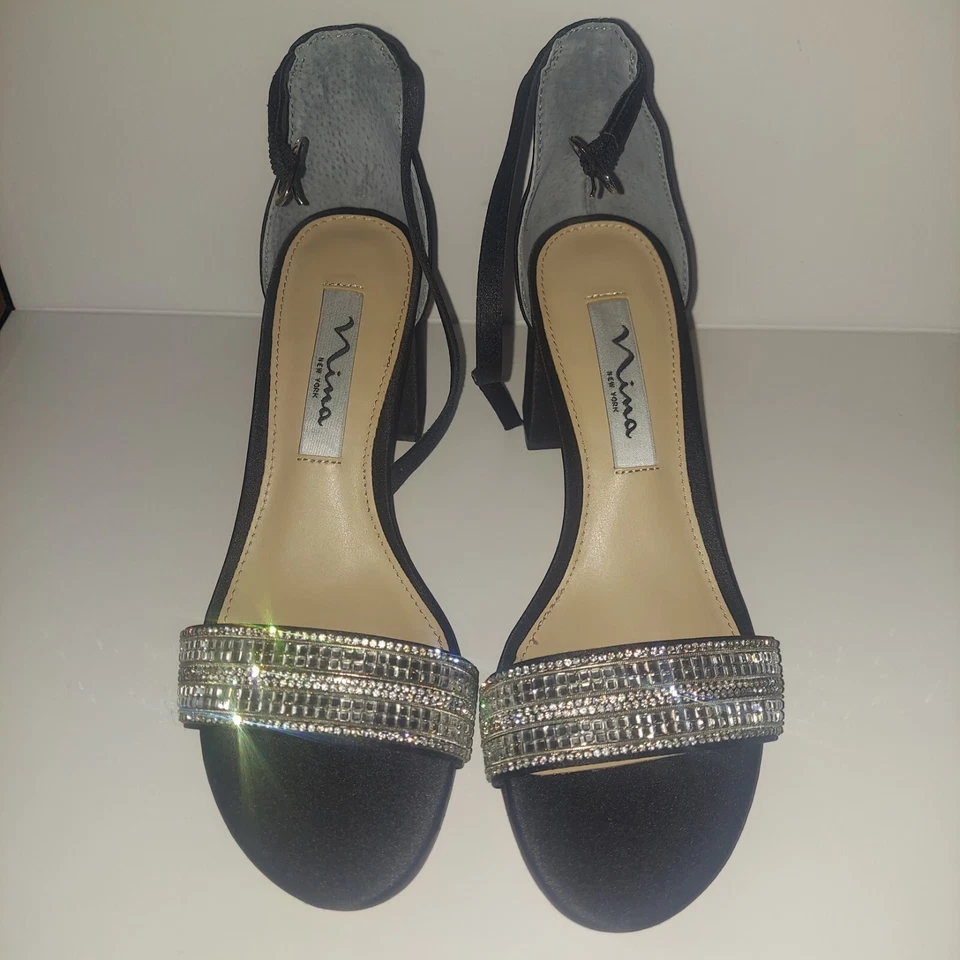 NINA Womens Black Crystal Embellishment Elenora Block Heel Leather Sandals 5.5 M