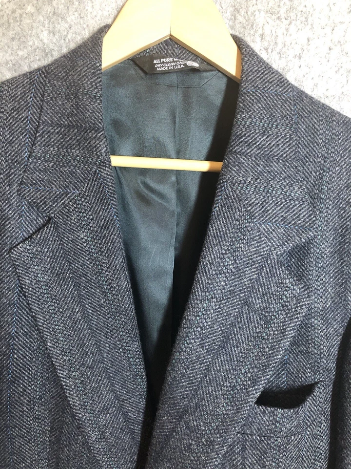 John Alexander Blazer Men 42R Blue Herringbone Tweed 100% Wool Sport Coat Jacket - Image 1 of 4