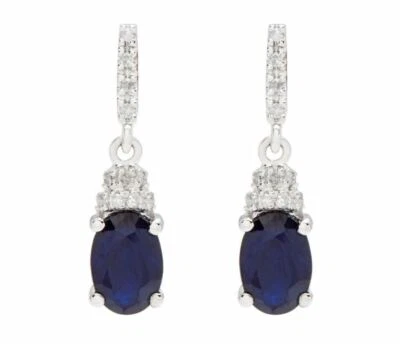 10k White Gold 2.15ct Oval Genuine Sapphire and Diamond Drop Earrings - Image 1 of 4