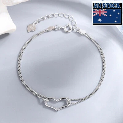 Woman Real s925 Sterling Silver Heart Charm 2 Layers Box Chain Bracelet Bangle  - Image 1 of 4