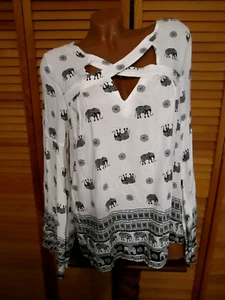 Women's Large Long Sleeve Elephant Print X Strap Bodice Boho Top - Picture 1 of 10