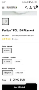 3D4MAKERS Facilan PCL100 3D Printer Filament 1.75mm Medical Orthopaedic PCL - Afbeelding 1 van 3