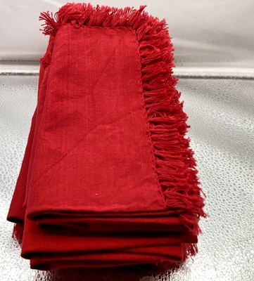 Set of 8 Cloth Napkins Red Cotton Fringe 16 x16” Square Excellent - Image 1 of 3