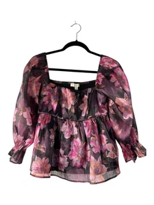 Thirty Thirty LA Babydoll Bluse groß rosa Blumen transparent Puffärmel Fee Boho - Bild 1 von 11