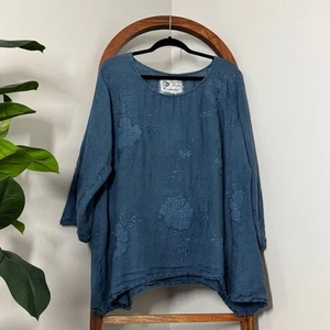 Heart's Desire By Mary Grace XL Blue Embroidered 100% Linen Lagenlook Blouse Top - Picture 1 of 8