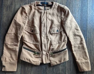 Zara Woman Tan Collarless Canvas Bomber Jacket w/ Zippers & Pockets Size Small - Picture 1 of 21