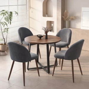Modern 35'' Brown Round Wooden Dining Table Set For 4, 1 Table 4 Velvet Chairs - Picture 1 of 15