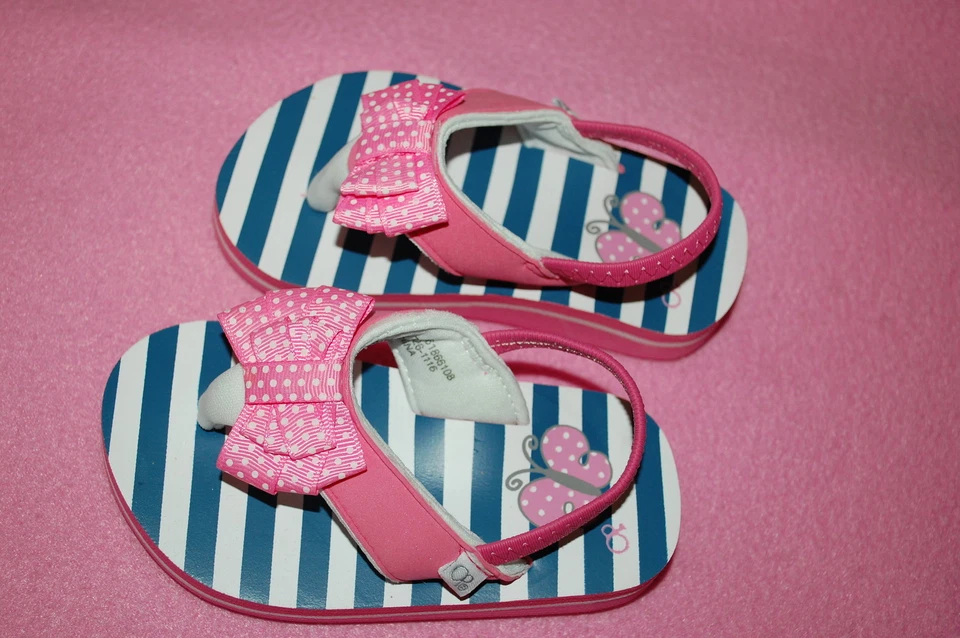 Chanclas a rayas blancas azules para bebés y niñas pequeñas correa para el tobillo lazo rosa talla S 5-6 Foto 1 de 1