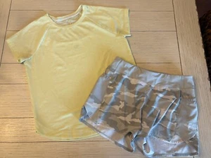 EUC Athleta Girls Size Medium Short Sleeve Yellow Top & Gray Camo Shorts Set - Picture 1 of 17