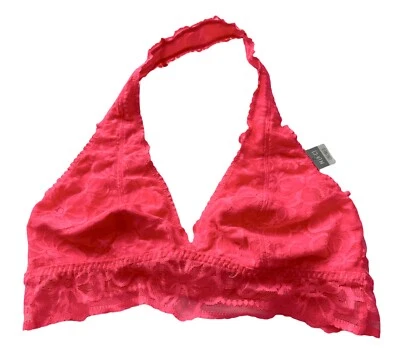 PINK Victoria's Secret Hot Pink Lace Halter Unlined Wireless Bralette Bra M A-C - Image 1 of 2