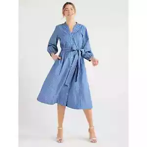 Free Assembly Women’s Blue-White Belted Midi Dress Size 4-6 Small, XXL - Picture 1 of 4