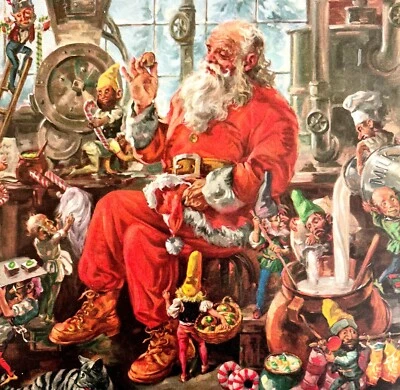 Santa At Workshop With Elves 1930s Christmas Lithograph Art Holiday DWCC5 Foto 1 de 2