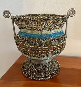 Vintage Perlen Metall Urnen Vase Made in India 8x7" blau braun Bombay Stil - Bild 1 von 6