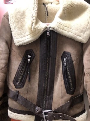 Genuine Real Sheepskin Lambskin Shearling Aviator  Biker Jacket GB14 - Image 1 of 4