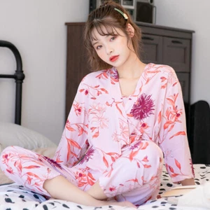 Black Chinese Japanese Pink Cotton Floral Long Ladies Kimono Pyjamas - Picture 1 of 3