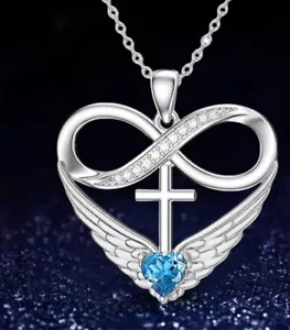 Necklace Pendant - Angel Wings with Love Heart Pendant and Cross - Picture 1 of 5