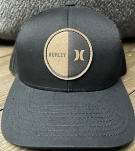 Hurley Snapback Black Hat with Brown Circle Leather Patch OSFA - Picture 1 of 5