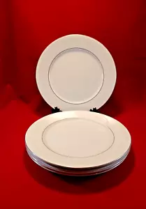 DYNASTY FINE CHINA SET OF 4 DINNER PLATES WHITE EMBROSSED FLOWER PLATINUM TRIM. - Picture 1 of 5
