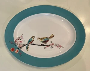 Lenox Chirp Oval 16" Serving Platter Flowers Birds White Turquoise Bone China - Picture 1 of 3