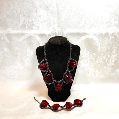 NECKLACE BRACELET set chunky red acrylic faux gem silvery black metal rope chain - Image 1 of 4