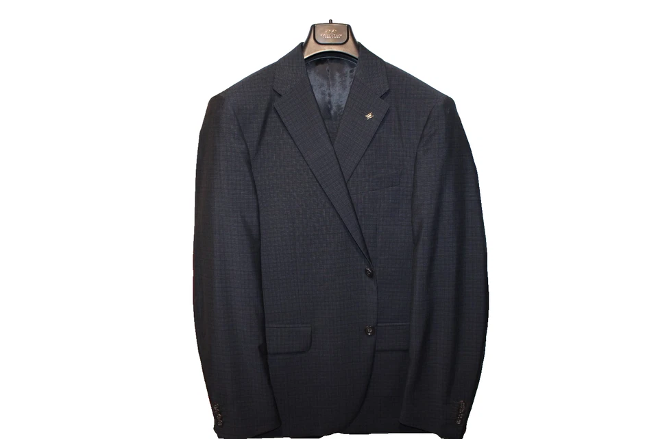 Corneliani 系列处女羊毛黑色海军格子 2 按钮套装尺寸 42R $2995 — 第 1/4 张图片
