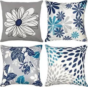 Blue Decorative Throw Pillow Covers 18X18 Set of 4, Blue and Grey Modern Daisy - Picture 1 of 7