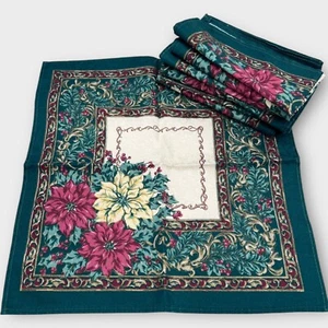 Set of 8 Classic Christmas Poinsettia Napkins Cotton 16” Square Gold Green Red - Picture 1 of 3