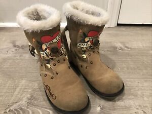 Don Ed Hardy Design Womens Size 3 US Suede Faux Fur Lined Boots